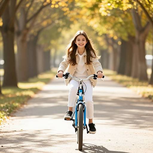 Photograph of a smiling young girl with long brown hair, wearing a beige coat, white pants, and black shoes, riding a blue bicycle on a