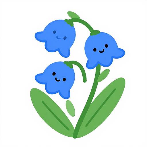 Digital illustration of three blue, smiling flower blossoms with cute, simple black eyes, on green stems and leaves, set against a white background.