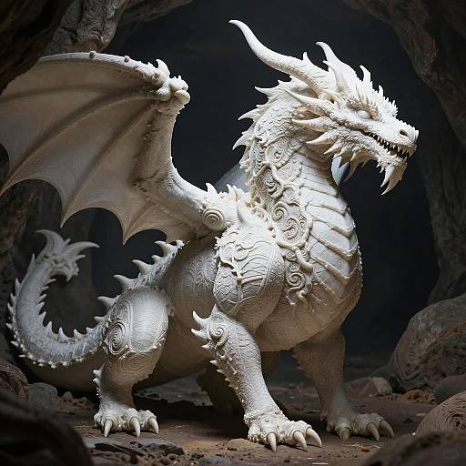 Photorealistic CGI of a majestic white dragon with intricate scale patterns, sharp horns, and large wings, standing in a dark, rocky cave.