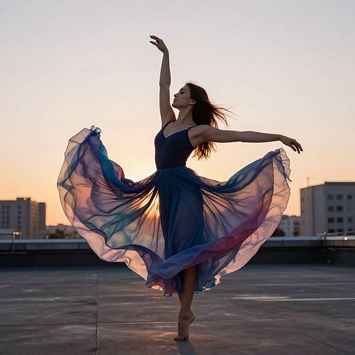 Photograph of a silhouetted ballerina in a flowing, multicolored dress, dancing gracefully on a rooftop at sunset.