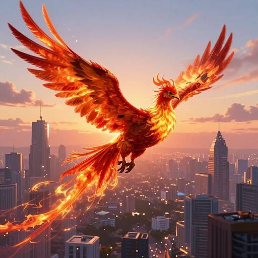 Digital artwork: A vibrant, fiery phoenix with outstretched wings soars above a cityscape at sunset, glowing with intense reds and oranges,