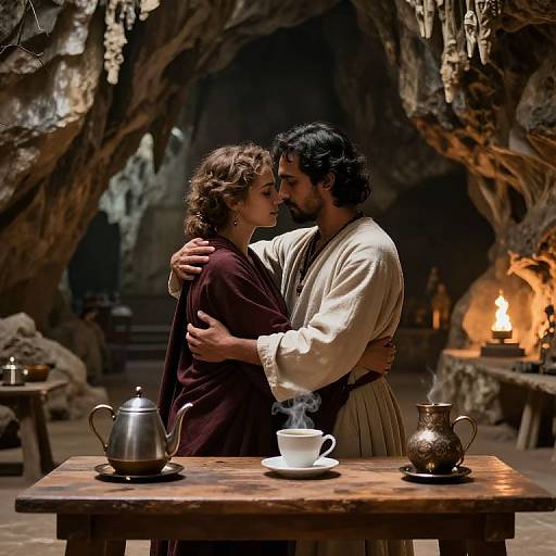 Photograph of a romantic cave scene: a curly-haired woman in a brown dress embraces a dark-haired man in a white shirt, standing by a wooden