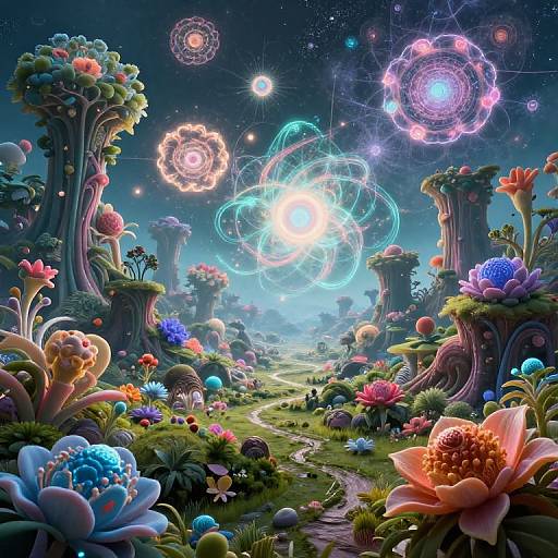 Digital fantasy landscape: vibrant, glowing flowers and mushrooms on surreal, twisted trees under a starry night sky with floating, colorful orbs.