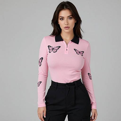 Photograph of a young woman with dark hair, wearing a light pink long-sleeve shirt with black butterfly prints and black high-waisted pants