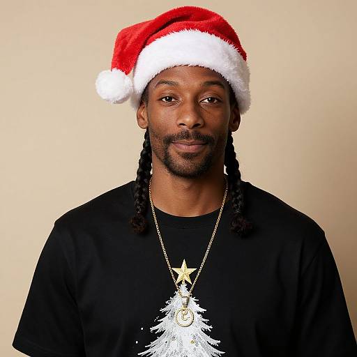Photograph of a black man with braids, wearing a red Santa hat, black shirt, gold star necklace, and Christmas tree pendant.