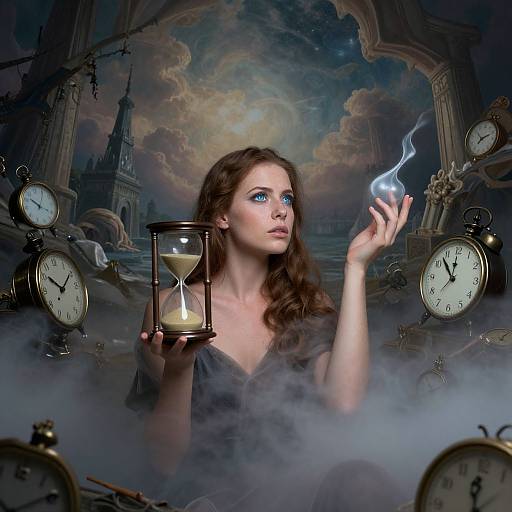 Magical photograph of a fair-skinned woman with blue eyes, holding an hourglass and conjuring lightning, surrounded by clock faces and mist. Gothic