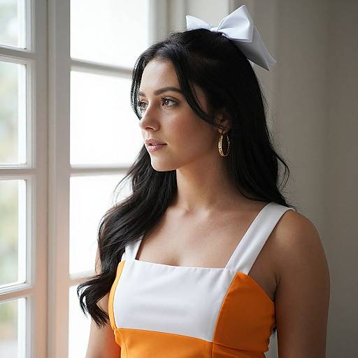 Photograph of a young woman with long black hair, white bow, orange and white dress, gold earrings, standing by a sunlit window.