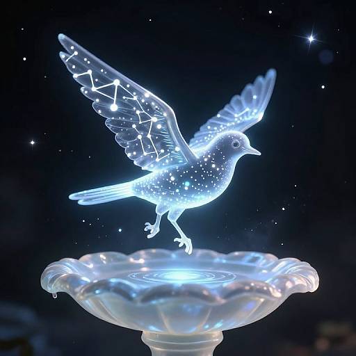 Glowing digital bird sculpture with constellation patterns on wings, perched on a luminous, translucent pedestal against a dark starry background.