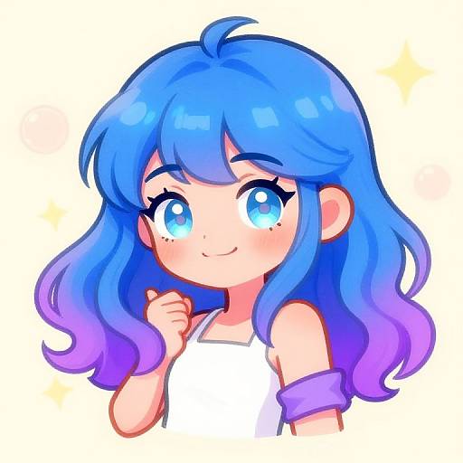 Chibi-style digital drawing of a cute, blue-haired girl with large, sparkling blue eyes, wearing a white tank top and purple sleeve, smiling softly
