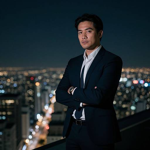 Photograph of a confident Asian man in a black suit, white shirt, standing with arms crossed, night cityscape with bokeh lights in background.