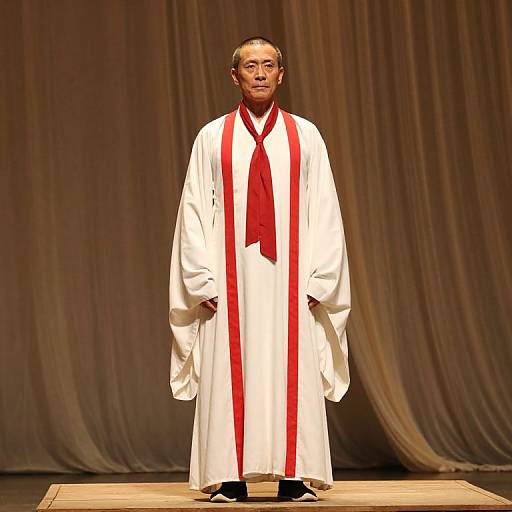 Serene Man in White Robe with Red Stripe