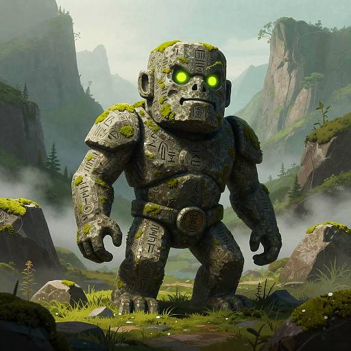 Ancient Stone Golem in Misty Valley