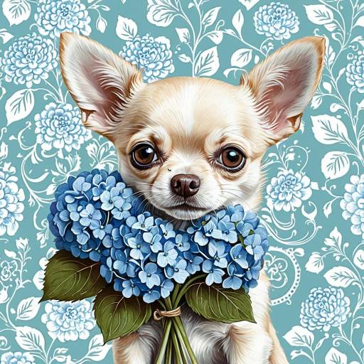 Charming Chihuahua with Hydrangeas Illustration