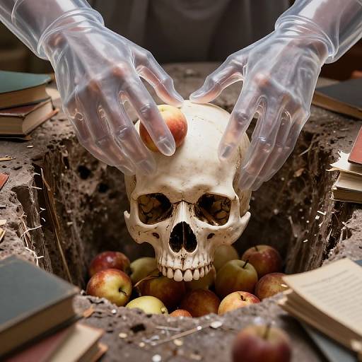 Photograph of transparent gloved hands holding a skull with apples, surrounded by books, inside a dark, textured hole.