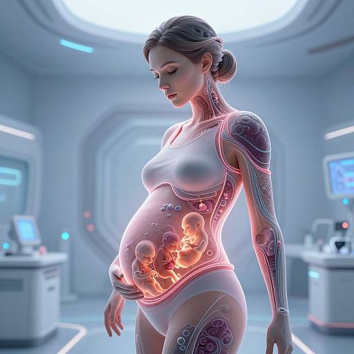 Digital illustration of a pregnant cybernetic woman with glowing neon patterns on her skin, standing in a futuristic lab with blue lighting.