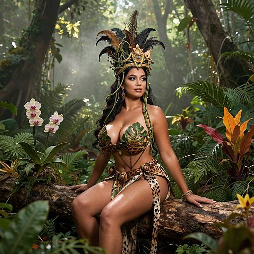 Photorealistic CGI of a voluptuous woman with dark skin, large breasts, and long black hair, wearing a gold and leopard print jungle queen outfit