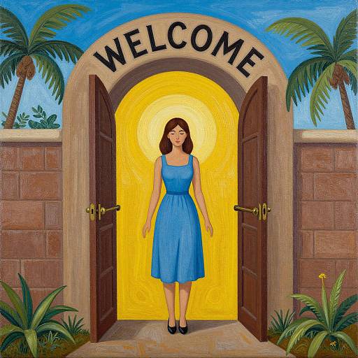 Cartoon-style image of a smiling woman in a blue dress standing in a glowing yellow doorway with 
