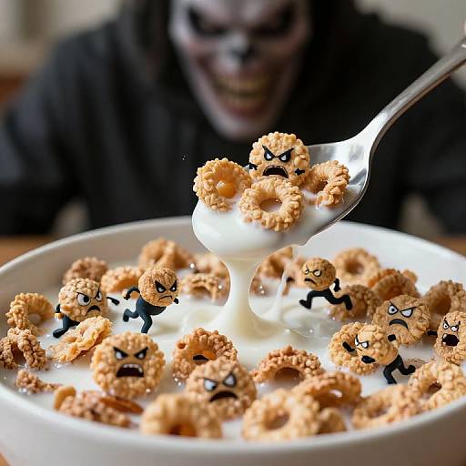 Photograph of angry, cartoon-faced, crumbly cereal pieces in a white bowl, spoon held by a person with a creepy, masked grin in