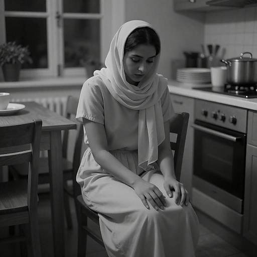 Moody Black-and-White Kitchen Portrait