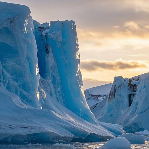 Photograph of towering, bright blue Arctic icebergs at sunset, with sunlight casting a warm glow on the icy landscape.