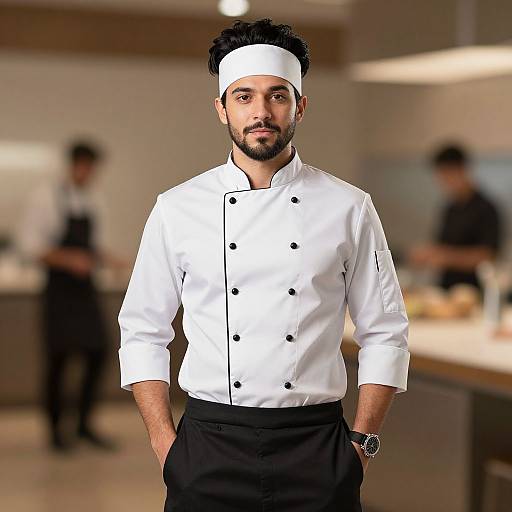 Photograph of a bearded male chef with dark hair, wearing a white chef's hat, double-breasted white chef's jacket, and black pants
