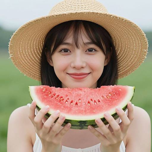Photograph of a smiling East Asian woman with short black hair, wearing a straw hat and white tank top, holding a slice of juicy, red water