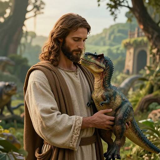 Jesus Embracing Dinosaur in Lush Landscape