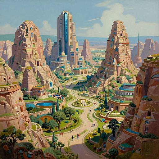 Digital artwork of a futuristic, sci-fi city on towering, rocky structures with tall skyscrapers, lush greenery, winding paths, and small groups