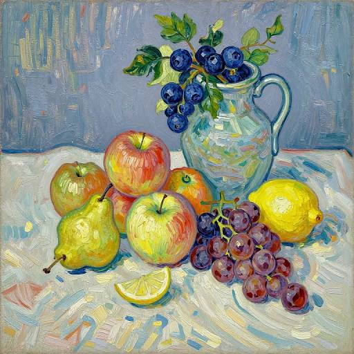 Vibrant still life painting of apples, pears, grapes, lemon, and blueberries in a glass pitcher on a white cloth, with textured