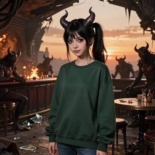 Digital artwork of a young woman with black horns, pigtails, green sweatshirt, standing in a dimly lit, fiery, ruined bar.