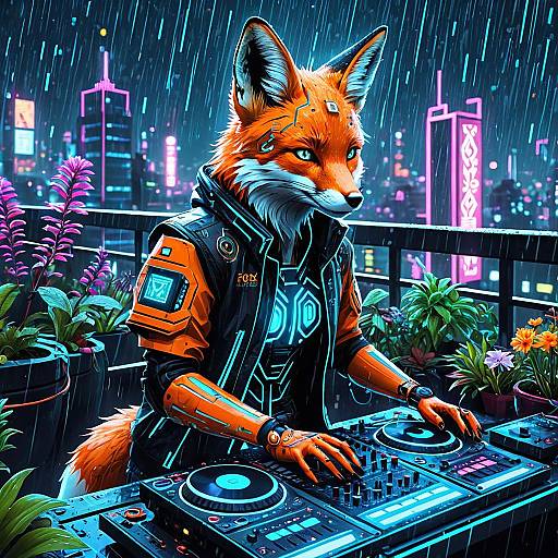 Cyberpunk Fox Android DJ on Futuristic Rooftop