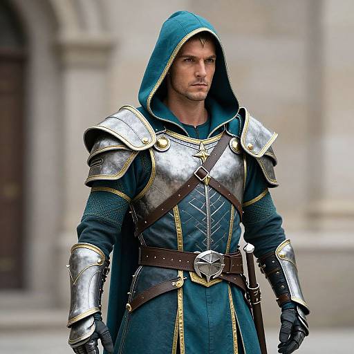 Photograph of a serious, handsome man in medieval armor with a teal hood, silver breastplate, and dark blue tunic, standing in front of