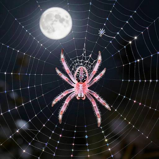 Tiny Pink Spider Weaving Glowing Web