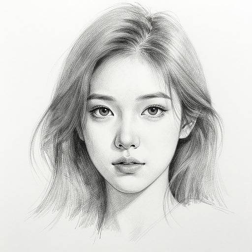 Monochrome pencil drawing of a young Asian woman with long, wavy hair and delicate features, staring directly at the viewer.
