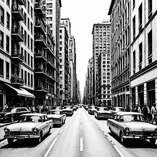Vintage Cars on Busy City Street
