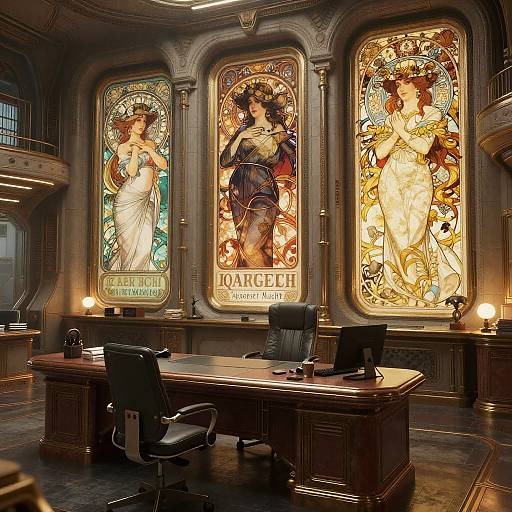 Gothic-style office with ornate stained glass windows, featuring three vivid, classical figures. Dark wooden desk, black chairs, and table lamps.