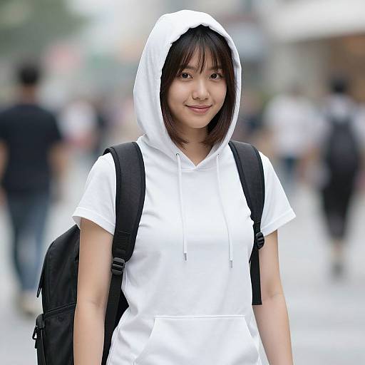 Photograph of an Asian woman with straight black hair, wearing a white hooded shirt and black backpack, smiling in a blurred urban setting.