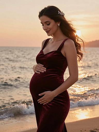 Pregnant Woman in Burgundy Velvet Dress at Beach Sunset