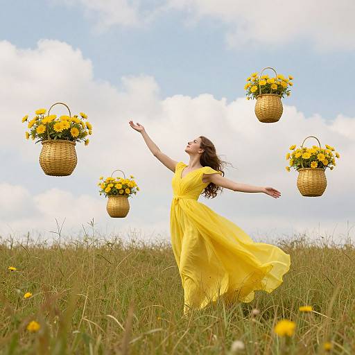 Photograph of a smiling woman in a flowing yellow dress, arms outstretched, amidst floating yellow flower baskets in a sunny meadow.