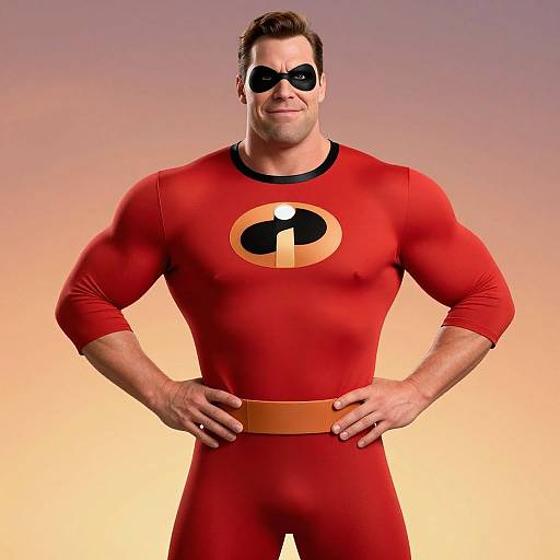 Photograph of a muscular man in a red, tight-fitting Superman-like costume with a black mask, 