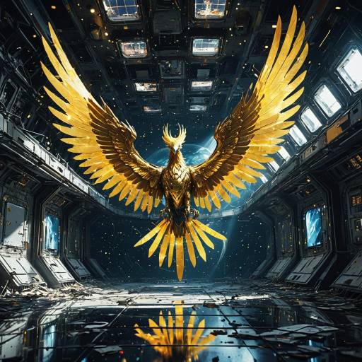 Golden Mechanical Phoenix in Futuristic Space Station