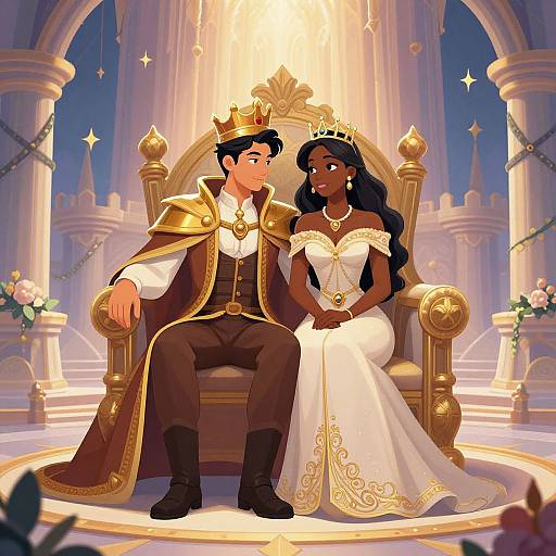 Digital illustration of a dark-skinned queen in a white gown and gold crown, seated on a golden throne with a light-skinned king in a brown