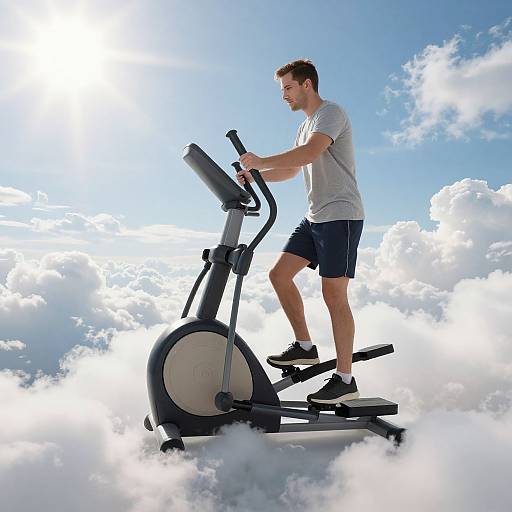 Photograph of a muscular man in a gray t-shirt and black shorts, riding a stationary bike amidst fluffy white clouds against a bright blue sky.