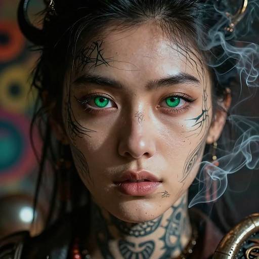 Close-up photograph of a tattooed woman with green eyes, black hair, smoke, and intricate facial and neck tattoos, wearing ornate jewelry.