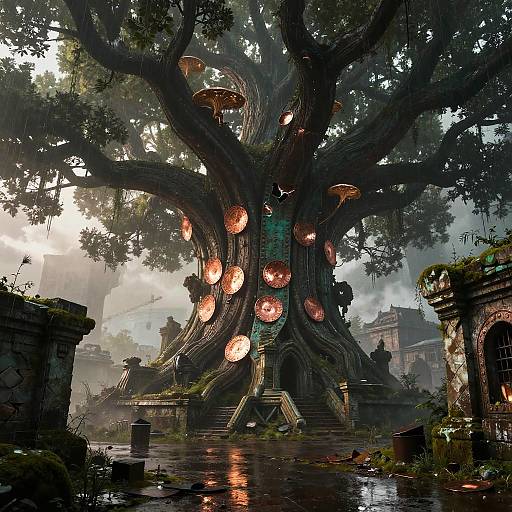 Giant Bioluminescent Tree Over Ruins