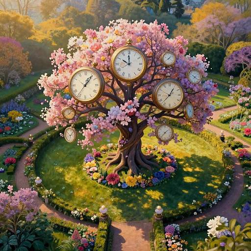 Fantastical digital artwork of a cherry blossom tree with clock faces instead of leaves, surrounded by vibrant garden paths and colorful flowers.