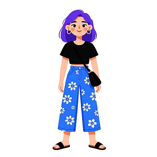 Cartoon-style drawing of a smiling woman with purple hair, wearing a black crop top, blue floral pants, black sandals, and a small black purse