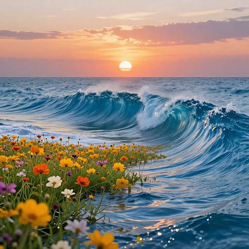 Photograph of vibrant ocean waves crashing towards a colorful flower meadow at sunset, with the sun partially hidden by the horizon.