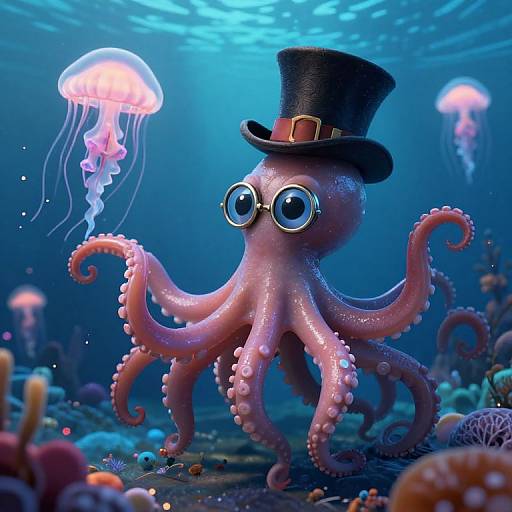 Digital illustration of a pink octopus wearing a black top hat and round glasses, underwater with glowing jellyfish and colorful corals.