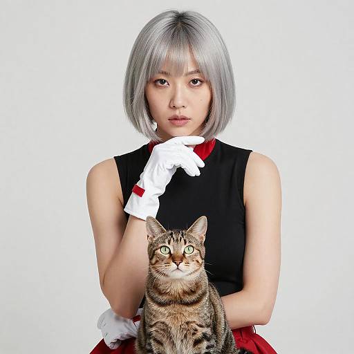 Asian Woman with Silver Hair and Cat